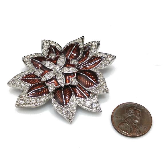 Vintage Monet Bronze Enamel Flower Brooch, Clear Pave Rhinestones - Picture 10 of 10
